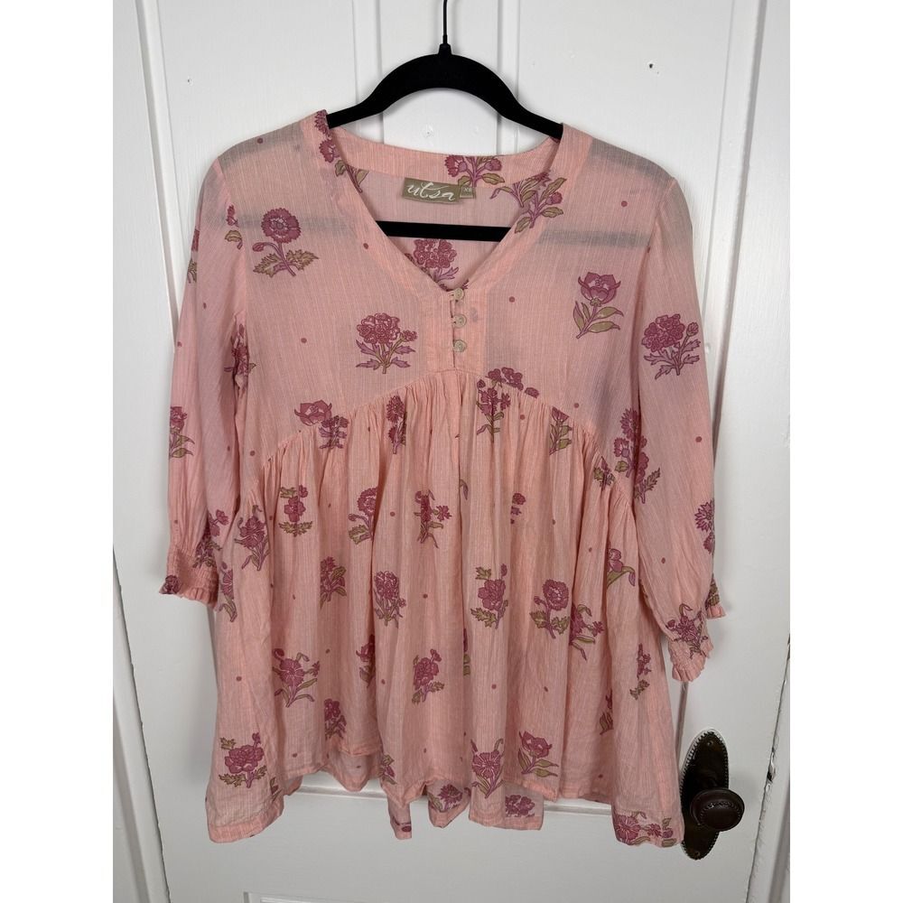 Utsa Pink Floral Cotton‎ Gauze Babydoll Tunic Top V-Neck Smocked Sleeve